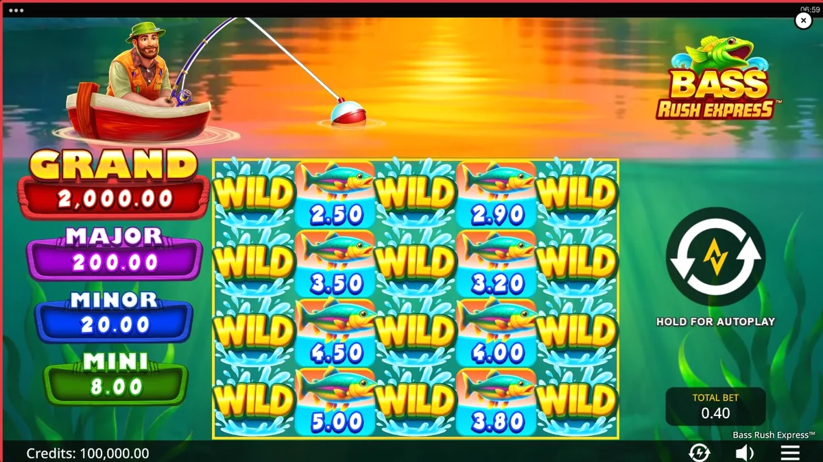 Interface do jogo de slot Bass Rush Express com tema de pesca